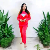 Red women's woolen night suit with printed net pattern for winter, perfect pyjama set in size M or L from India